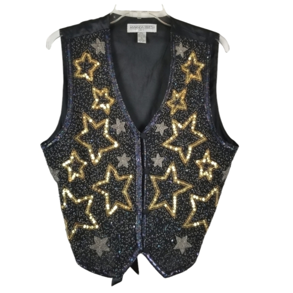 Amanda Smith Pure Silk Sequin Beaded Vest Size Large Stars Metallic Event Party